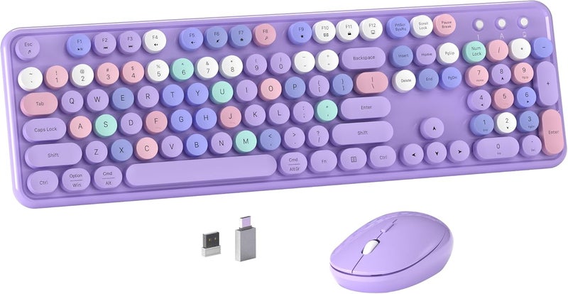 MPTOG Colorful Wireless Computer Keyboard and Mouse Combo with Round Typewriter Keycaps, Retro Design, Power Switch, Ergonomic Design, 2.4GHz Wireless for Windows, Mac, PC(Purple-Colorful) - Image 1